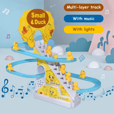 Musical Electric DIY Rail Racing Track  With Duck Climbing Stairs Toy Roller Coaster